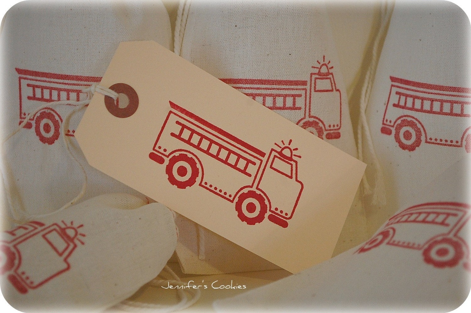 12 Red Fire Truck Organic Muslin Cotton Favor Gift Bags with Drawstrings 4x6