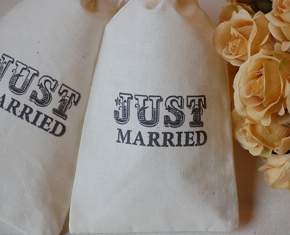 100 Wedding Just Married Organic Muslin Cotton Favor Gift Bags 4x6