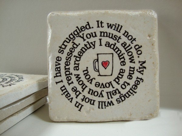 Coaster Coffee Cup Confessions Mr. Darcy's proposal to Elizabeth Set of 4 Italian Stone Coasters