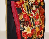 Black Canvas Tote With Custom Asian Fabric Applique Design In Colors of Red and Black