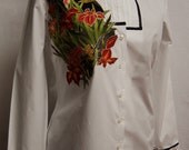 Women's Cotton White blouse With custom Asian Floral Fabric Applique Design and Tuxedo pleats