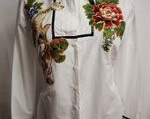 Blouse Custom Women's With Asian Fabric Applique Design And Tuxedo Pleats.