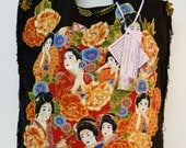 Asian Black Canvas Tote Bag Hand Painted Fabric Applique Designed with Black Fringe