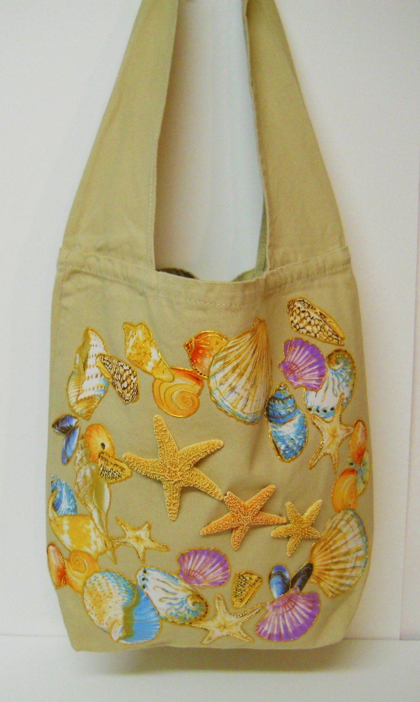 Summer Fun Tote Custom Canvas Hand Painted Fabric Shells and Starfish Fabric Applique Design