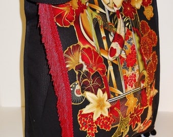 Black Canvas Tote With Custom Asian Fabric Applique Design In Colors of Red and Black