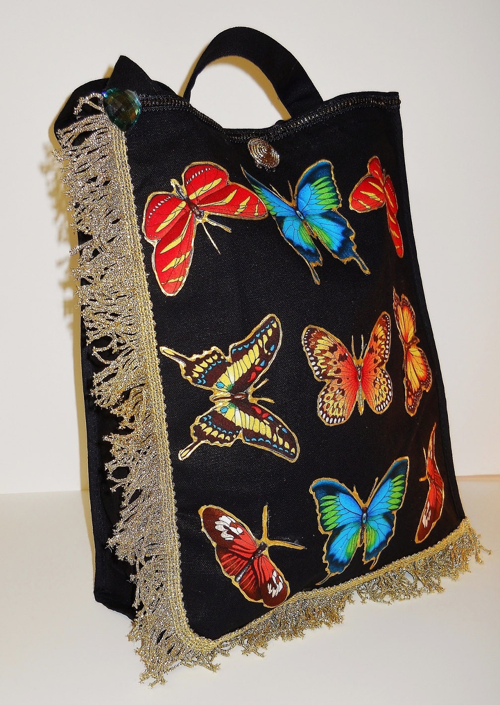 Tote Butterfly Lovers Black Canvas With Custom Fabric Applique Designs and Gold Fringe