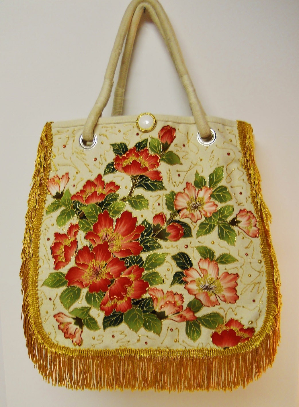 Canvas Natural Tote Designed with Fabric Appliques In Colors Of  Gold And Copper Florals
