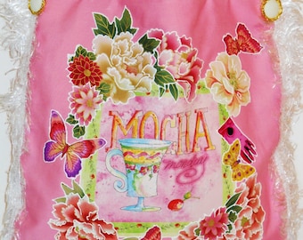 Canvas Spring Coffee Lovers Tote Bag Custom Hand Painted with  Floral and Butterflies Fabric Appliques
