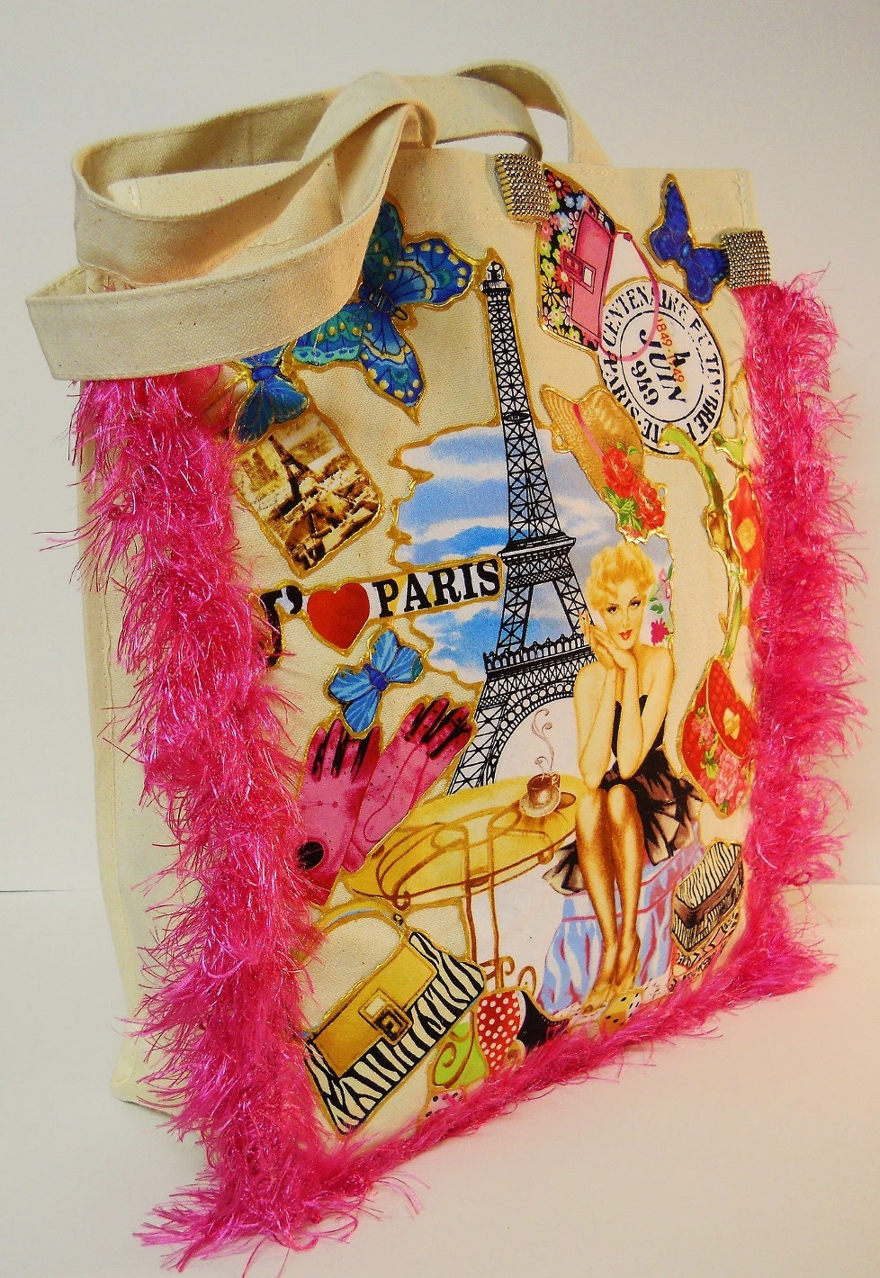 Canvas Tote Meet Me In Paris With Custom Hot Pink Retro Fabric Applique Design