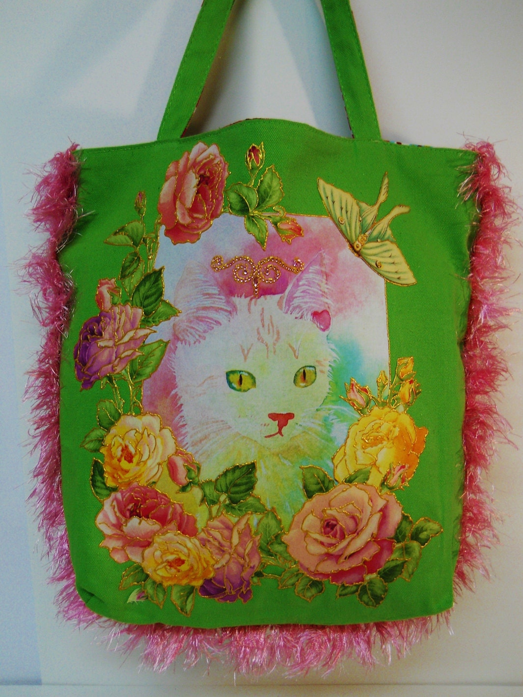 Canvas Spring Custom Tote Bag Floral Cat Hand Painted Fabric Applique Design