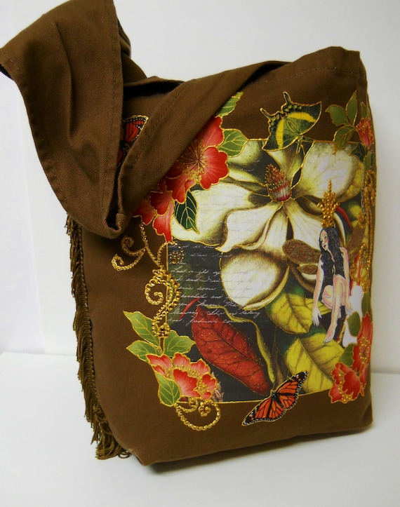 Fantasy Brown Canvas Tote Bag Hand Painted Fabric Floral Applique Design and Fringe