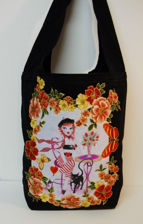 Paris Lovers Custom Canvas Tote Fantasy Hand Painted Fabric Applique Design