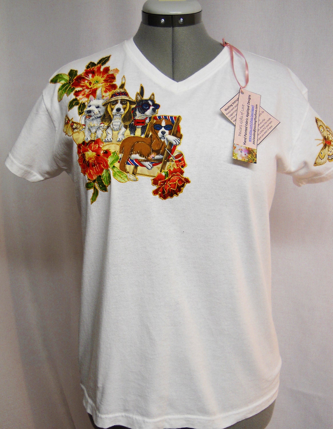 Dog Lovers White Custom Tee Shirt Hand Painted Fabric Applique Design