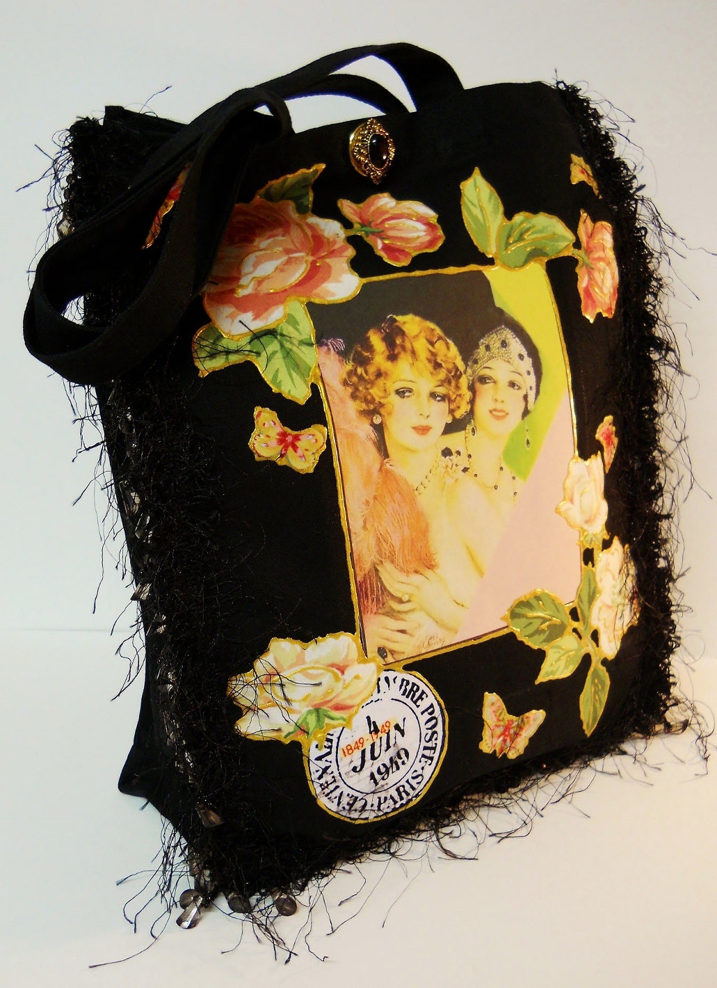 Black Canvas Tote With Vintage Custom Fabric Applique Design and Black Beaded Fringe