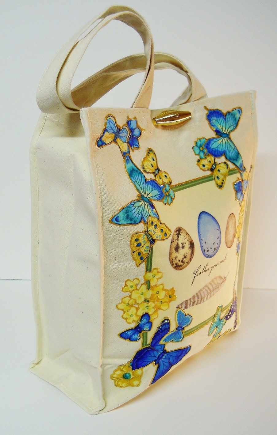 Canvas Tote With Custom Fabric Appliqued Designed with Butterflies, Eggs and Florals