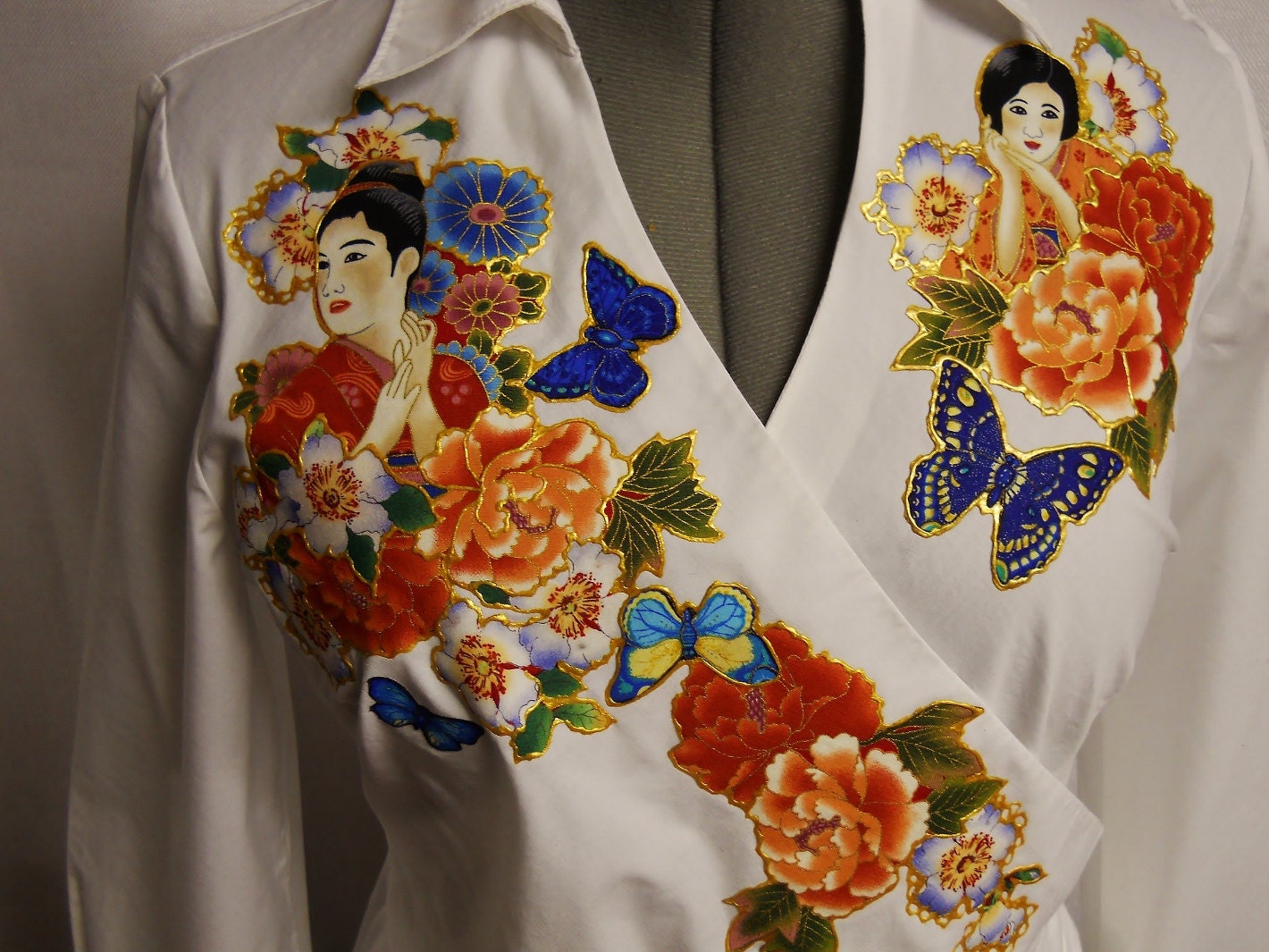 Asian Splendor Women's Custom White Blouse With Hand Painted Floral Fabric Appliques