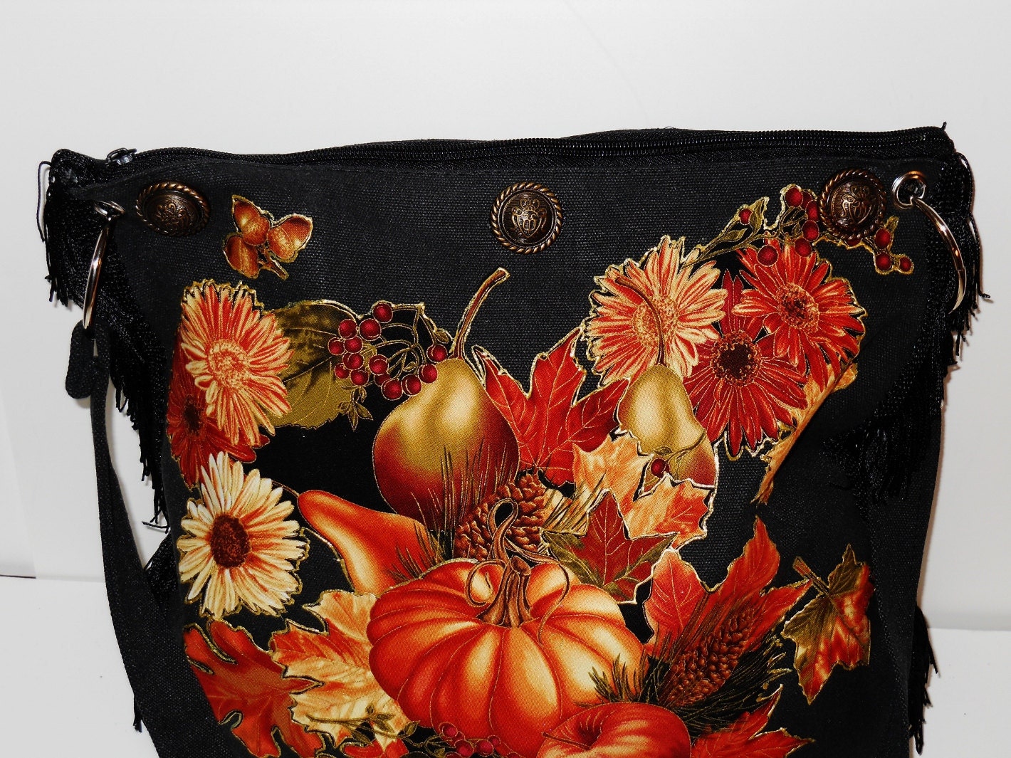Canvas Black Handbag with Custom Fabric Applique Autumn Floral Fruit Design with Black Fringe