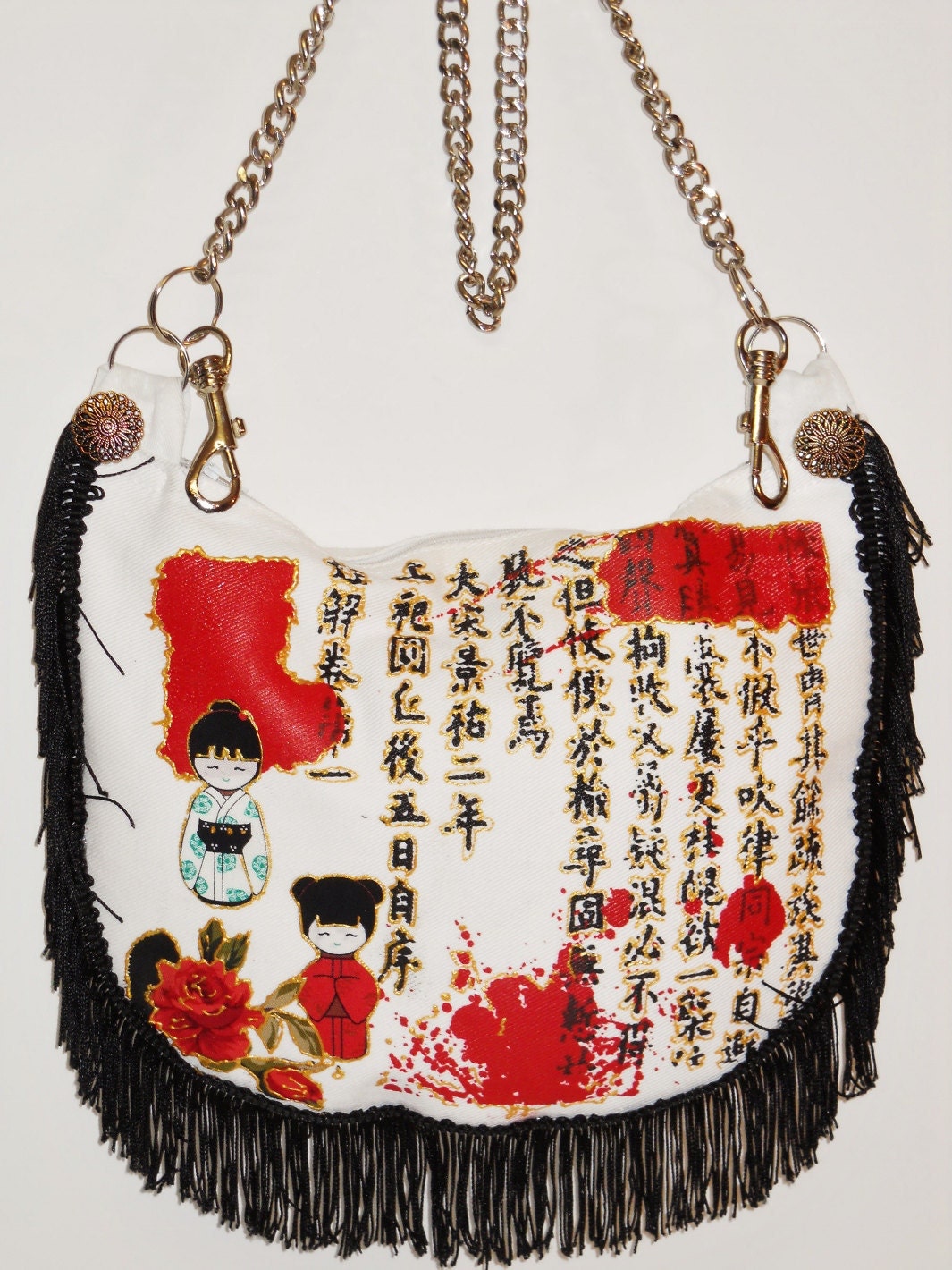 Big Sale 50% Off Asian Funky White Canvas Handbag with Fabric Applique and Black Fringe