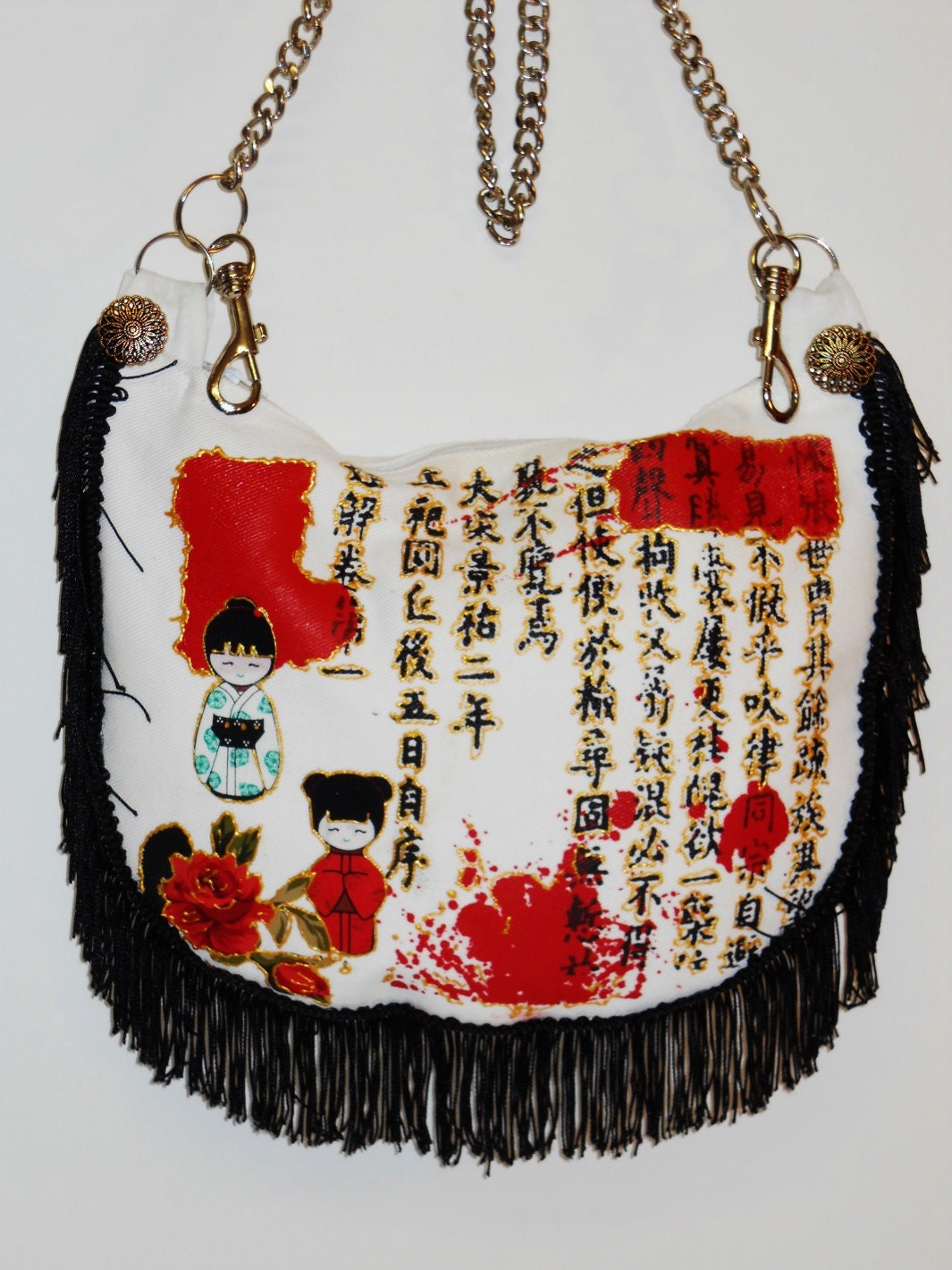Big Sale 50% Off Asian Funky White Canvas Handbag with Fabric Applique and Black Fringe