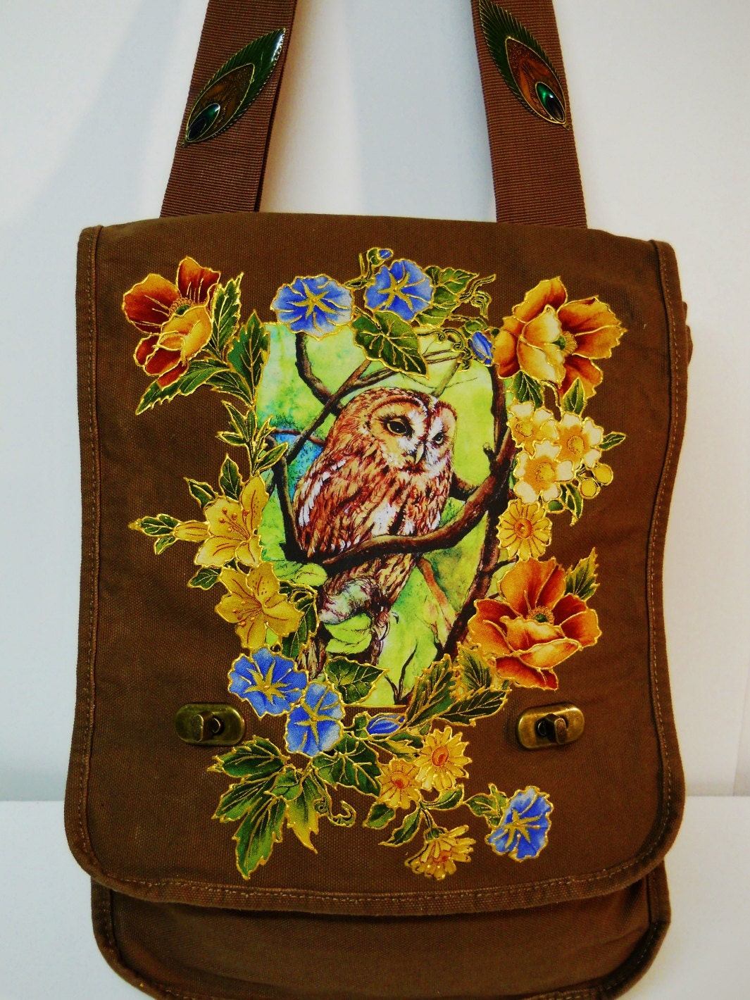 Holiday Sale75% Off Hooting Tooting Brown Canvas Handbag Hand Painted with Floral Fabric Applique Design