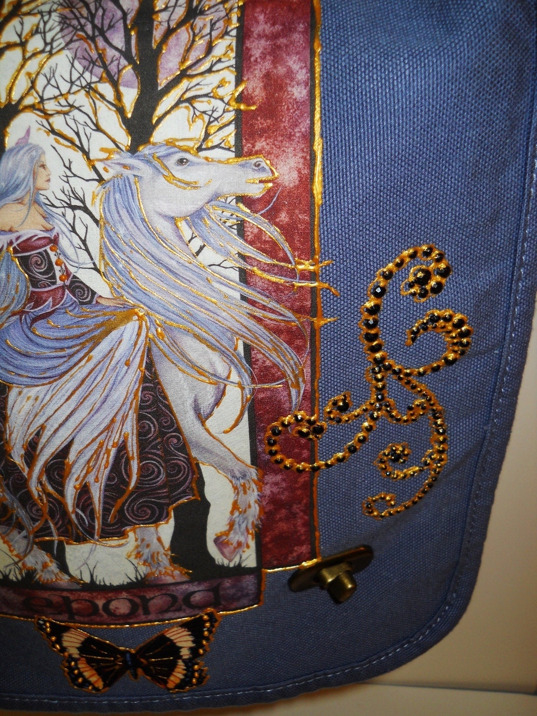 Sale 75% OFF Fantasy Lovers Canvas Handbag Blue With Custom Hand Painted Fabric Appliques