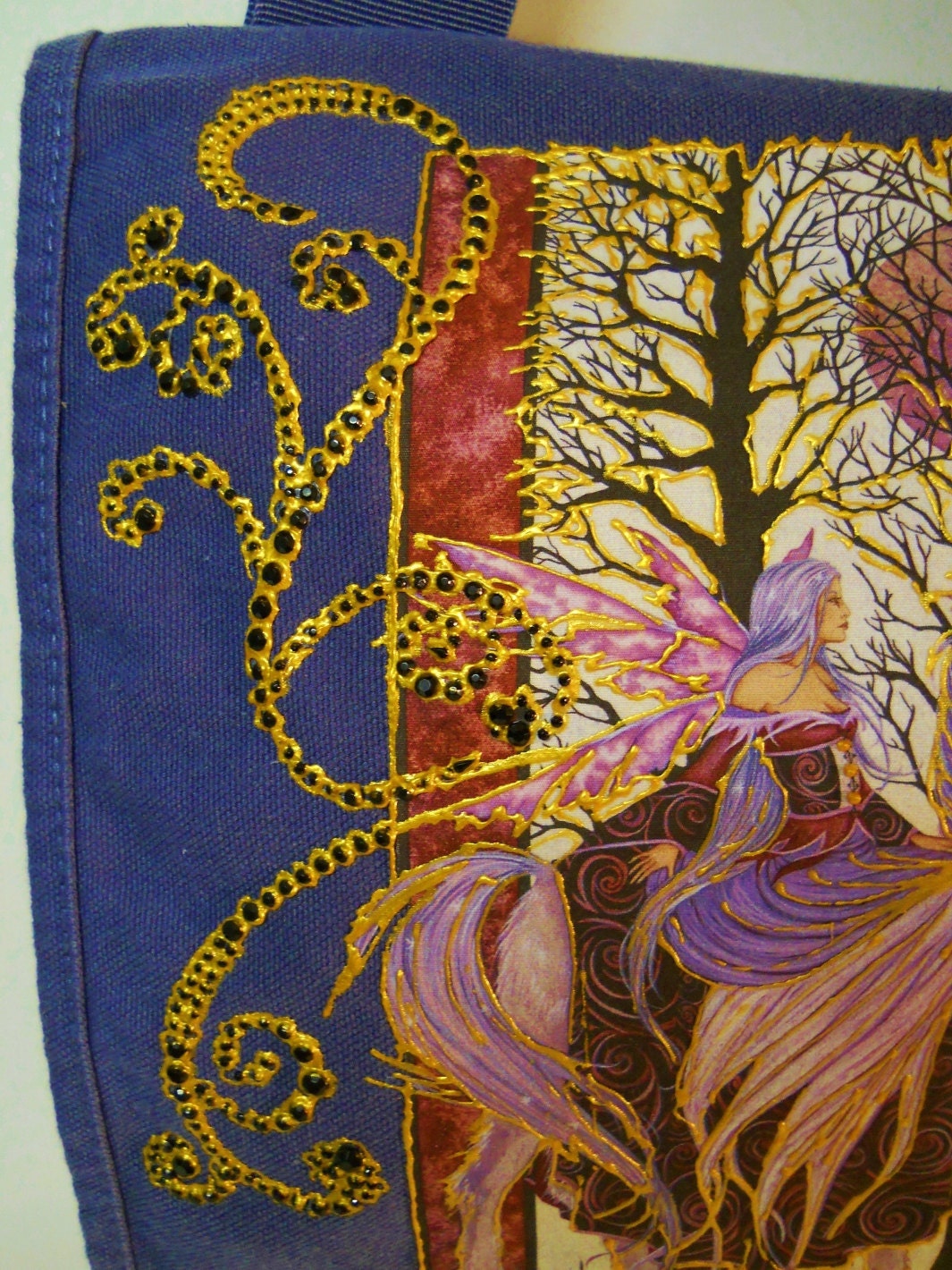 Sale 75% OFF Fantasy Lovers Canvas Handbag Blue With Custom Hand Painted Fabric Appliques