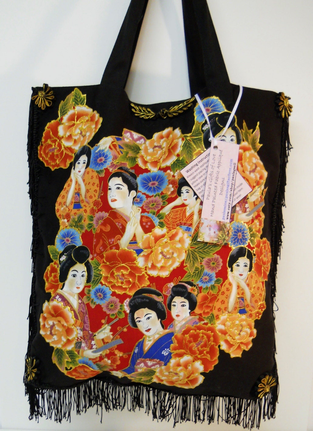 Asian Black Canvas Tote Bag Hand Painted Fabric Applique Designed with Black Fringe