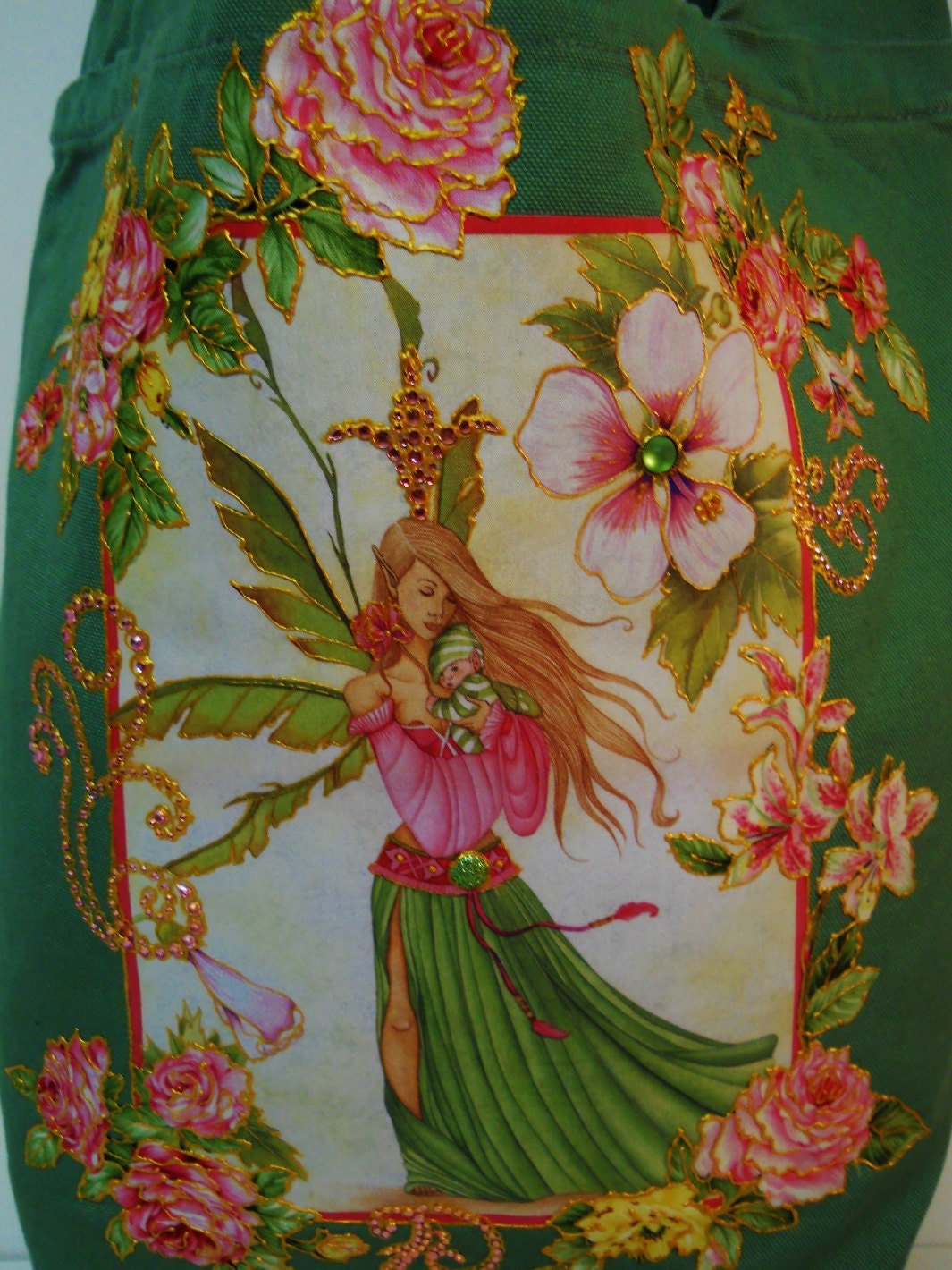 Designers Fantasy Edition Canvas Tote Bag Custom Hand Painted Floral Fabric Applique Design