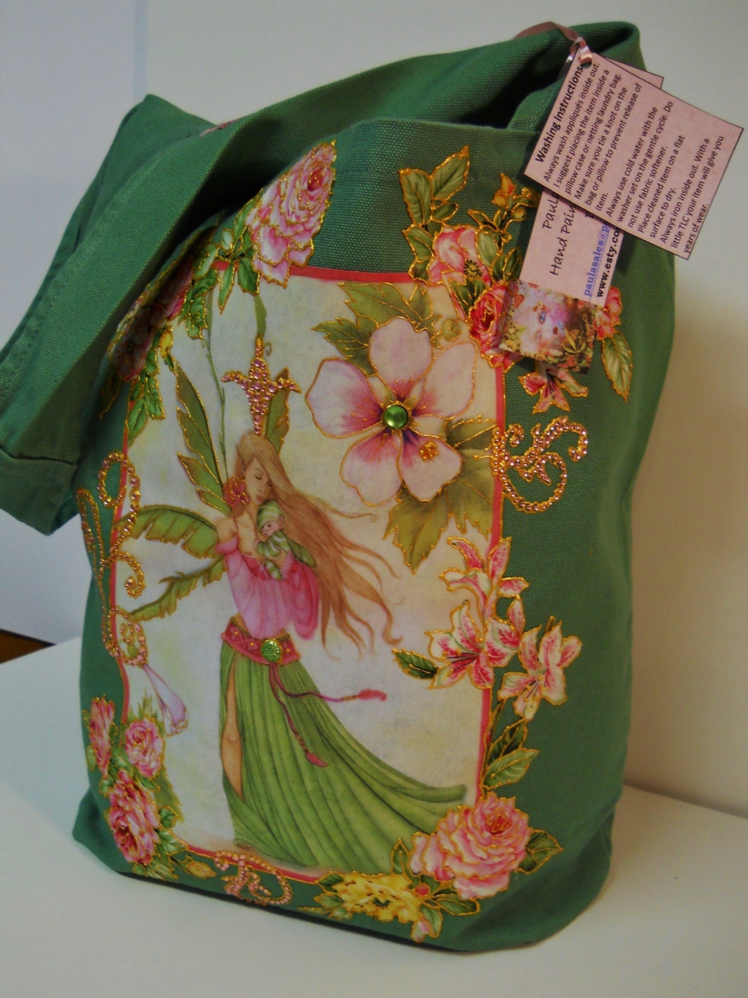 Designers Fantasy Edition Canvas Tote Bag Custom Hand Painted Floral Fabric Applique Design