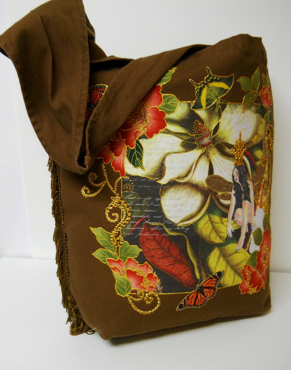 Fantasy Brown Canvas Tote Bag Hand Painted Fabric Floral Applique Design and Fringe