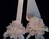 Alencon lace embellished bridal knife and server