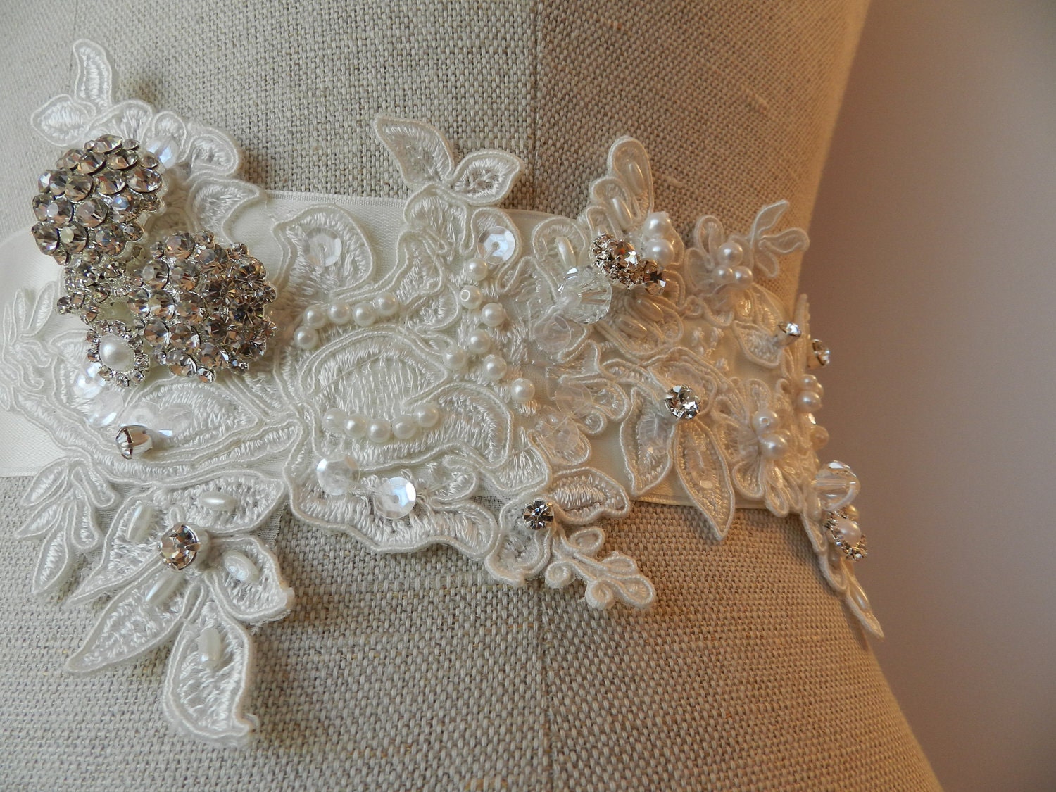 Alencon Lace Rhinestone and Pearl Appliqued Bridal Sash "The Jodie"