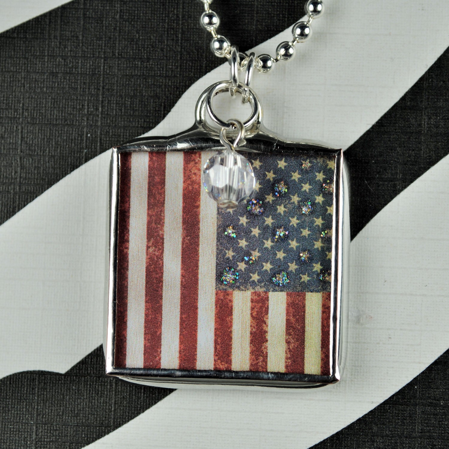 American Flag Necklace Patriotic Pendant Soldered Glass Pendant