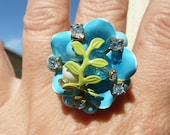 Lina cocktail statement ring - blue and green floral - metal beads rhinestones - ecofriendly repurposed vintage