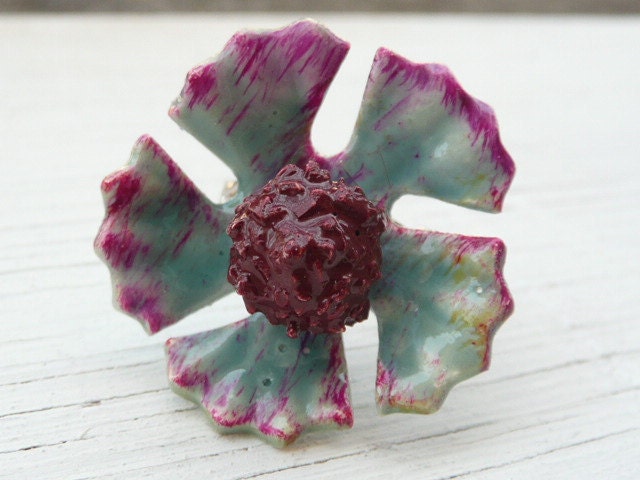 Pascale cocktail adjustable ring - teal and purple papier mache flower - eco friendly repurposed vintage