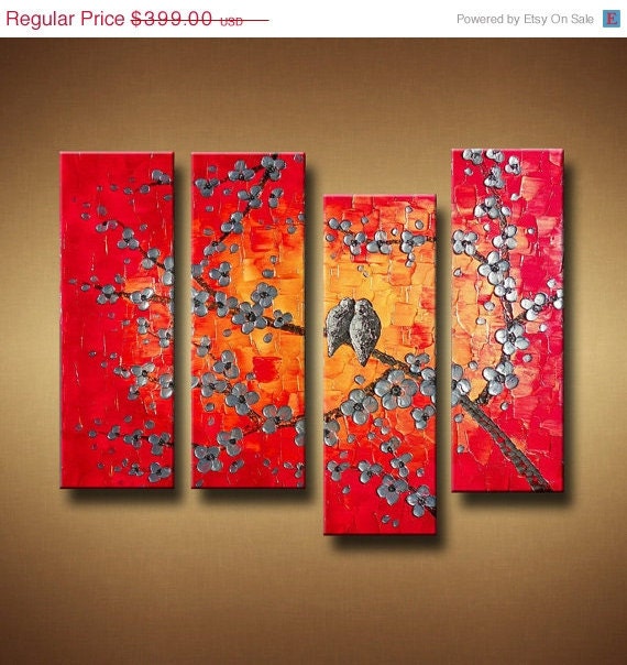 STOREWIDE SALE Large Abstract Birds on Branch Palette Knife Painting -- 40 x 35 -- We Met in Tokyo by Britt Hallowell