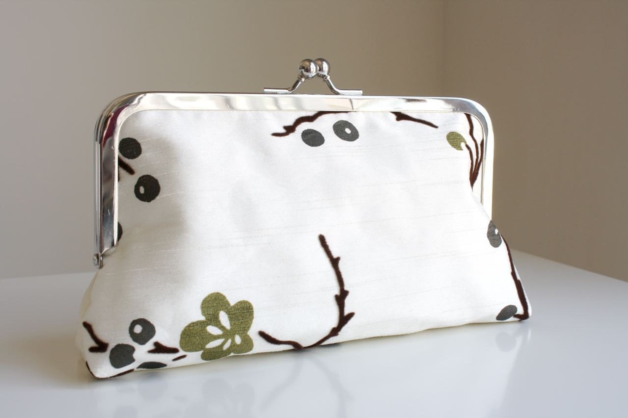 Brown Velvet Twig with Green Cherry Blossoms Clutch- Ready to Ship