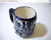 SALE Christmas In July Vintage Blue and White Handpainted Textured Cup Signed Mexico