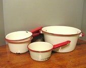 Vintage Enamelware Pots and Pans, set of 4, white and red, vintage kitchen