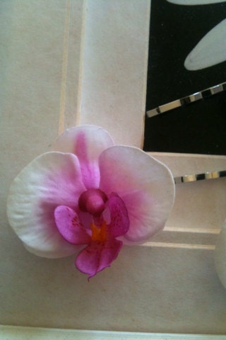 Three mini phalaenopsis white and pinkish-purple orchids hair clips