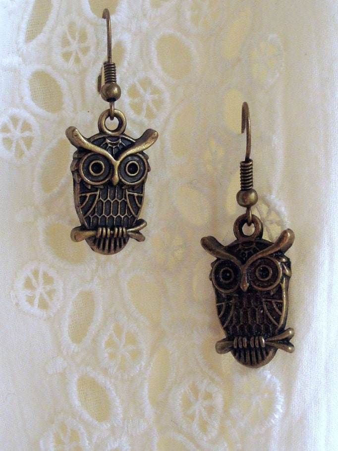 Owl Earrings - Antiqued Gold - Small