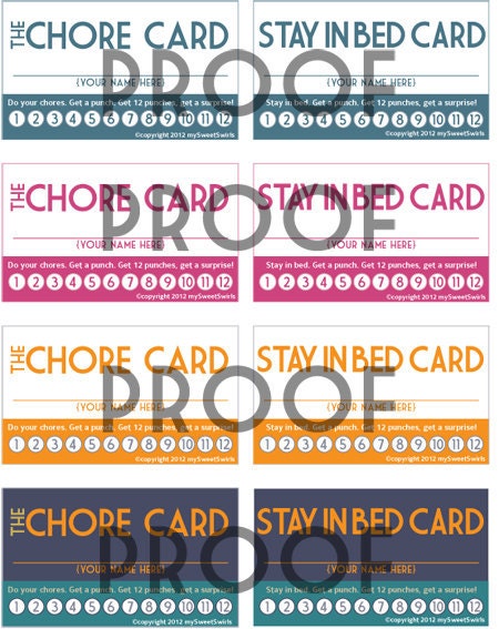 INSTANT DOWNLOAD: DIY Printable Punch Cards - 4 colors, chore cards, stay in bed cards