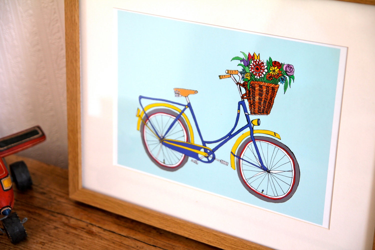 Bicycle illustration - Blue bike with flowers in basket - A4 gicilee print