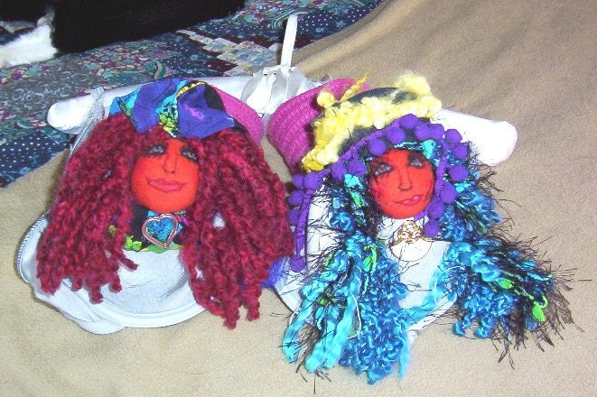 Cloth Art Dolls, OOAK, Girls Ika and Mika, Fun Whimsical, Enchanting, Fantasy, Recycle, Reuse, Repurpose