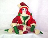 Cloth Art Doll, OOAK Hand Embroidered, Whimsical, Fantasy, Winter, Holiday Girl, Chrissy Eve. Recycle Reuse Repurpose