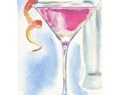 Watercolor Painting - Cocktail Art- Pink Cosmo Cocktail Watercolor Art Print, 5x7 Art