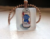 Pabst Necklace - PBR Beer Necklace - Hipster Watercolor Art Glass Tile Necklace