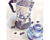 Watercolor Painting - Still Life - Espresso Art, Espresso Maker with Cup 2 Watercolor Art Print, 8x10