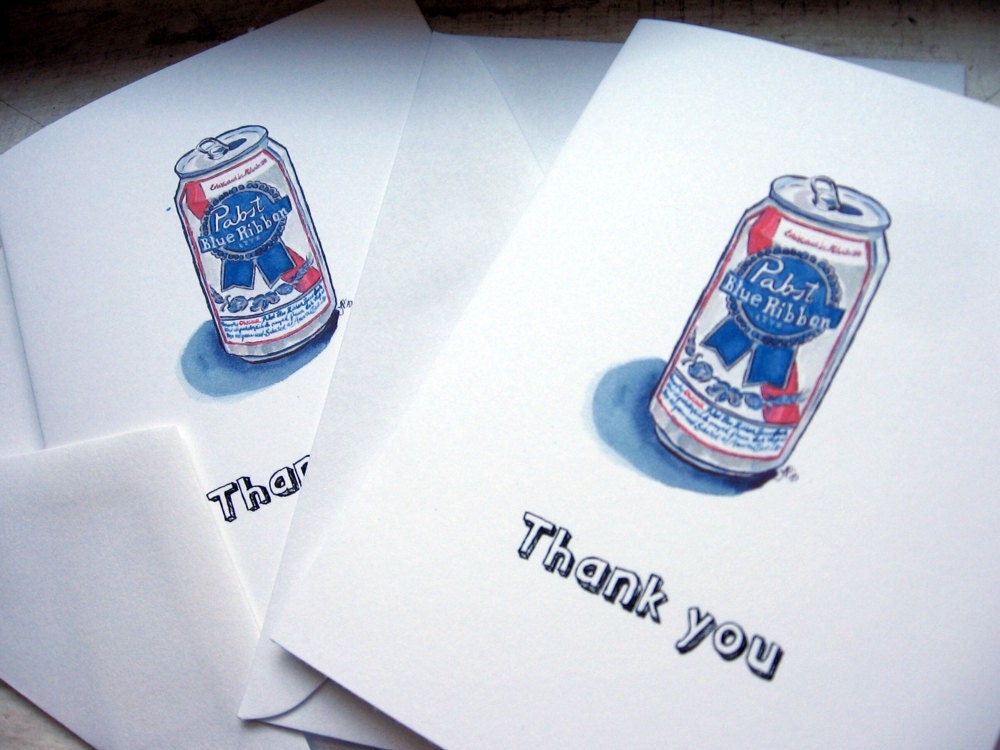 PBR Thank You Cards, Pabst Blue Ribbon Beer Watercolor Art Cards, Set of 4