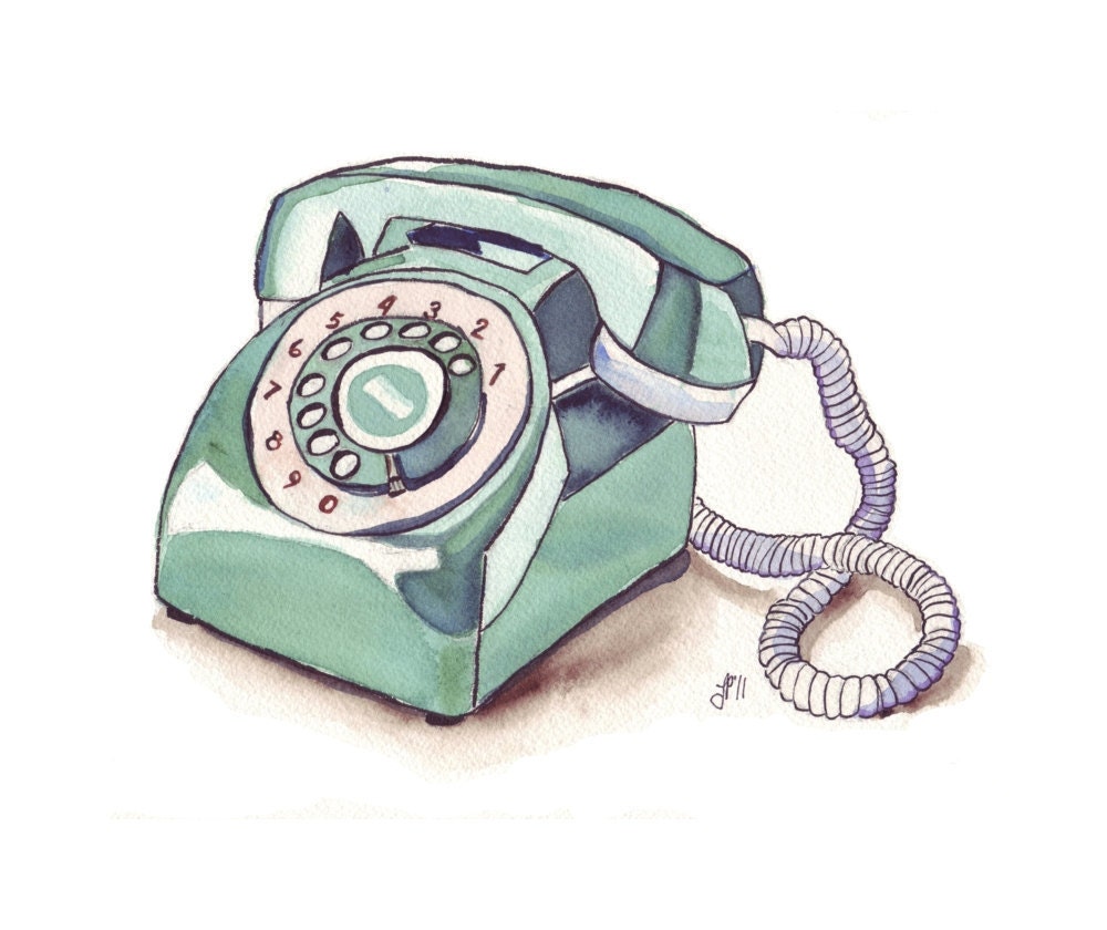 Watercolor Painting - Telephone Art, Green Vintage Rotary Telephone, Watercolor Art Print, 8x10
